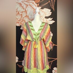Multicolor Striped V-Neck Summer Dress with Decorative Tassel & Sequin Accents